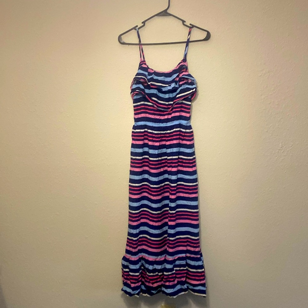Pink blue and white oriole, striped ruffle maxi dress